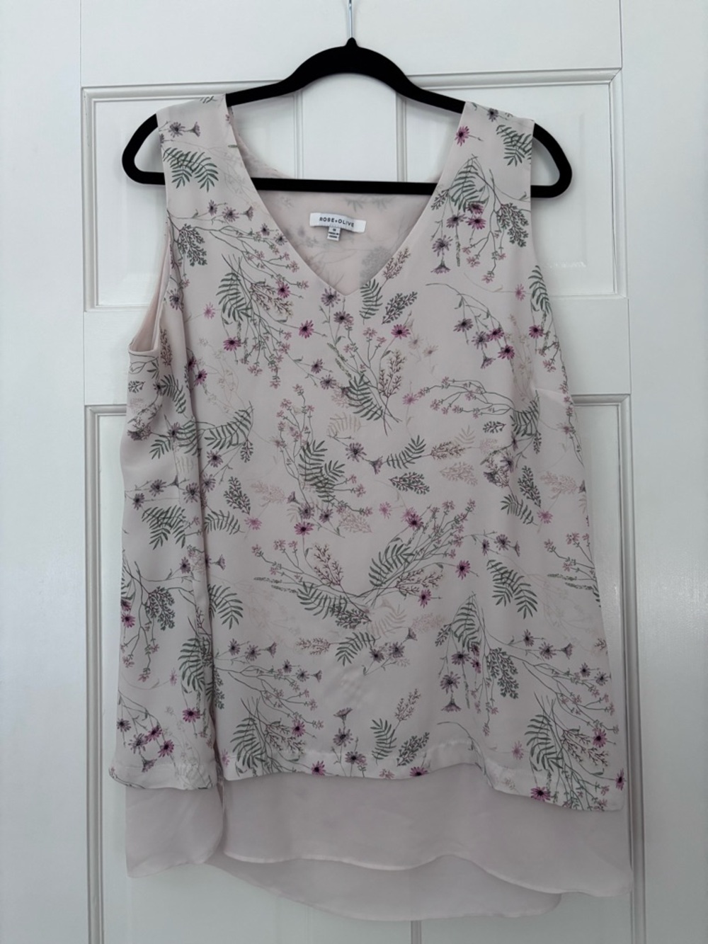 Floral V-Neck Layered Tank Top - Soft Blush with Green & Plum Print - XL
